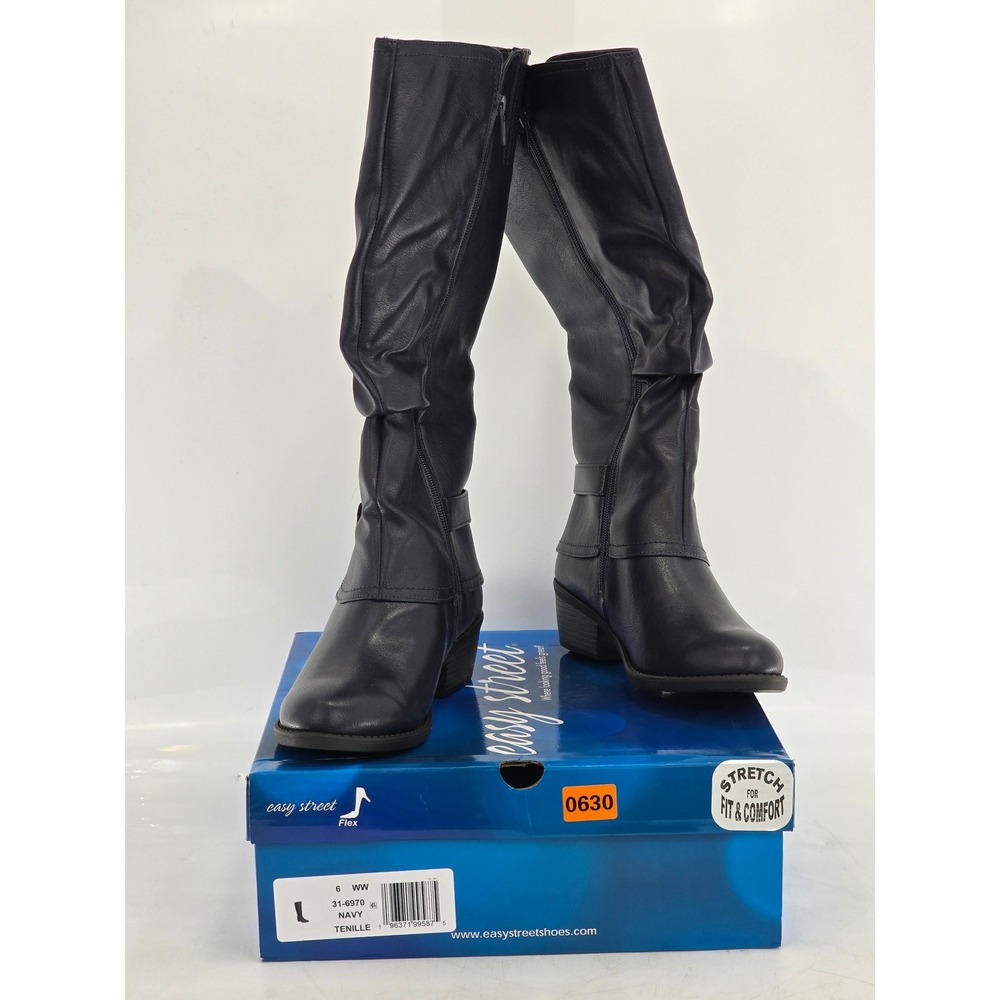 Easy Street Tenille Tall Boots Womens 6 WW Navy Blue Slouch Zipper Comfort - New
